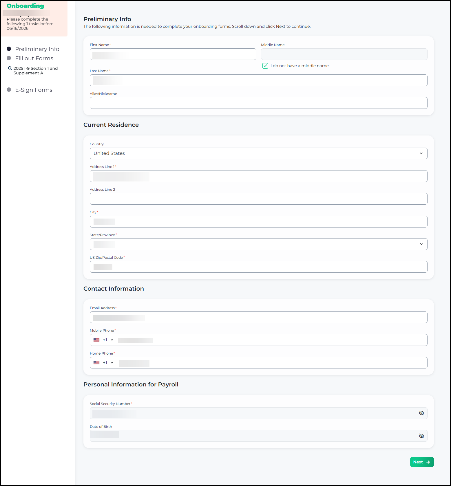 The updated Preliminary Info page showing the same fields in a left-aligned layout with fields grouped in rounded card containers and a refreshed visual design.